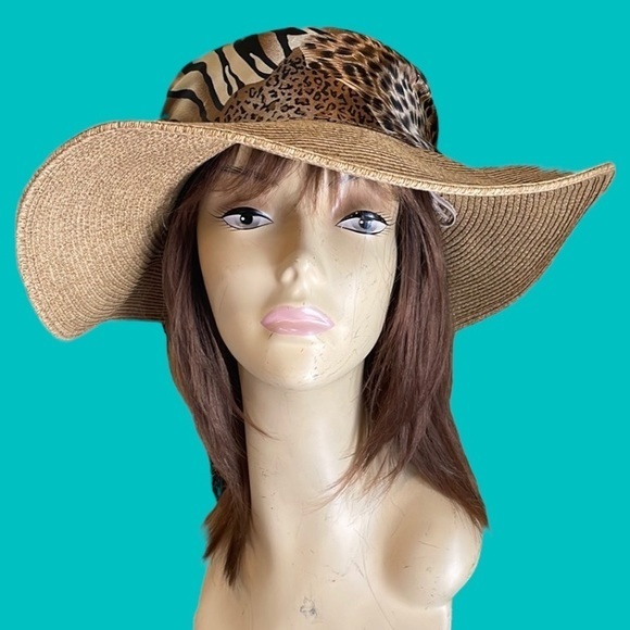 💜CAPPELLI Cream Leopard Scarf Vacay/Swim Adjustable‎ Straw Hat One Size - Picture 1 of 9